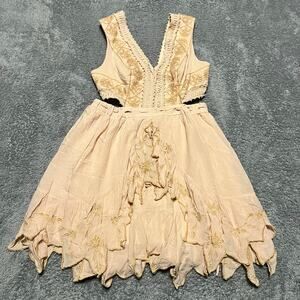 Free People Dress Womens 6 Honeysuckle Cutout Boho Dress Beige Tan Mini